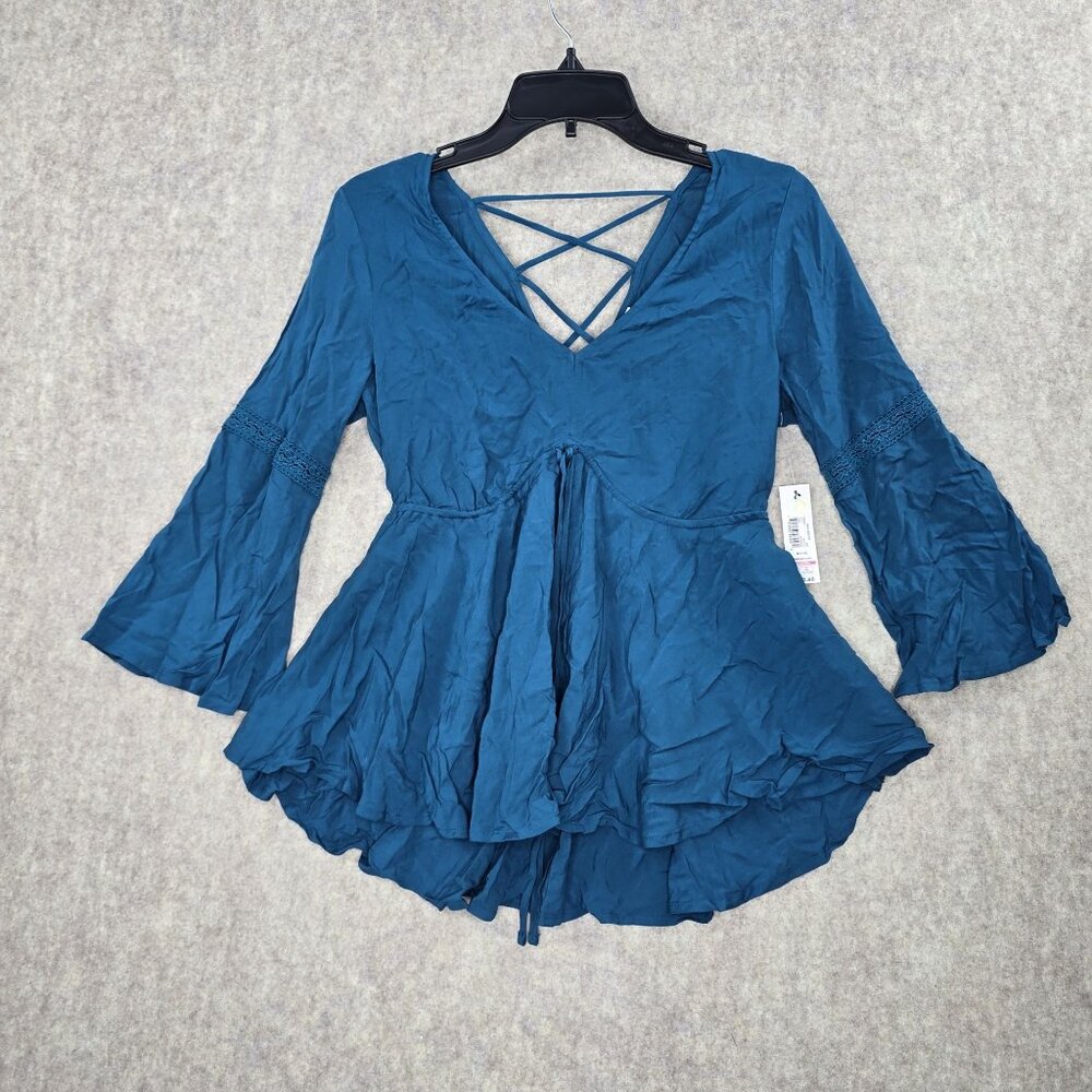 No Boundaries Womens Peplum Top Teal Medium Rayon Bell Sleeve Crisscross Back